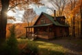 Escape to a cozy log cabin in the serene valley nestled amidst the autumn foliage