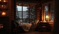 Cozy Cabin Retreat: Rustic Charm Amidst Snowy Peaks, Fireplace Glow, and Enchanting Winter Ambiance Royalty Free Stock Photo