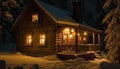 Cozy Cabin Retreat: Rustic Charm Amidst Snowy Peaks, Fireplace Glow, and Enchanting Winter Ambiance Royalty Free Stock Photo