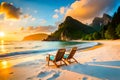 Beach chairs with umbrella and beautiful sand beach, tropical beach with white sand and turquoise wate Royalty Free Stock Photo