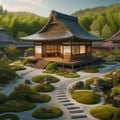 Zen Retreat: Tea House Amidst Serene Japanese Garden Royalty Free Stock Photo