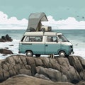 Camper Van on the Edge of a Rocky Beach