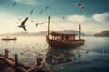 Escape to a Serene Lakeside Getaway with wooden boat and birds flying - Ai Generated