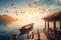 Escape to a Serene Lakeside Getaway with wooden boat and birds flying - Ai Generated