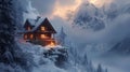 A cozy cabin nestled in the snowy mountains, surrounded by the beauty of nature. Perfect for a peaceful and relaxing getaway Royalty Free Stock Photo