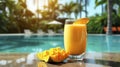 Escape to a tropical oasis with a refreshing mango cocktail, ultimate way to relax near the pool under the sunny sky. Royalty Free Stock Photo