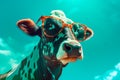 Cow-vacation Vibes: A Stylish Bovine on a Cyan Sky Royalty Free Stock Photo