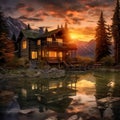 Log Cabin High in the Mountains with Sunset Royalty Free Stock Photo