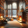Fireside Tranquility: Cozy Library Overlooking Snowy Forest Royalty Free Stock Photo