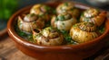 Escargot: Delicate snails baked in garlic and herb butter, a classic French delicacy. Royalty Free Stock Photo