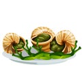 Escargot, a delicious French dish of snails isolated on white background, animated frog legs. Vector cartoon close-up Royalty Free Stock Photo