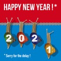 Humorous greeting card for the year 2021 with the concept of the snail race to symbolize latecomers.