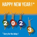 Humorous greeting card for the year 2023 with the concept of the snail race to symbolize latecomers.