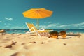 Escena de vacaciones de verano tumbonas, sombrilla, chanclas y espacio para copiar