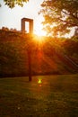 Sunset behind the silhouette of the memorial for the victims of the fatal railroad accident with the ICE 884 in Eschede, Germany