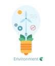 ESG Concept of Environment. Renewable energy from natural resources. A light bulb with a wind turbine, leaves, sun Royalty Free Stock Photo