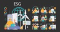 ESG dark or night mode set. Exploring environmental, social, governance