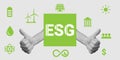 ESG - Environmental, Social, Corporate Governance, Renewable Resources. Hands give thumbs up sign, signifying