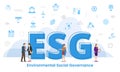 Esg environmental social governance concept with big words and people surrounded by related icon spreading