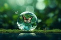ESG green energy sustainable industry. World environment day concept.Globe Glass with butterfly. circular economy