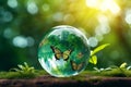 ESG green energy sustainable industry. World environment day concept.Globe Glass with butterfly. circular economy