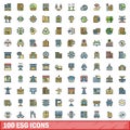 100 esg icons set, color line style