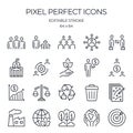 ESG related editable stroke outline icons set isolated on white background flat vector illustration. Pixel perfect. 64 x 64