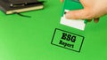 ESG report, Environmental social governance, President putting a stamp authorizing the companys ESG report, Green background cop