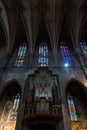 Esglesia de Santa Maria del PI, detail of the pipe organ and polychrome stained glass windows. Barcelona Royalty Free Stock Photo