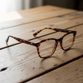 Eshell-patterned eyeglasses rest on a wooden table, characterized by Royalty Free Stock Photo