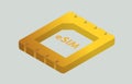 eSIM isometric yellow flat vector icon. Embedded-SIM chip sign card - mobile cellular global internet communications