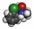 Esketamine antidepressant and anesthetic drug molecule. Atoms are represented as spheres with conventional color coding: hydrogen