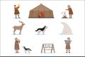 Eskimo characters in traditional clothing, arctic animals, igloo house. Life in the far north. Set of colorful cartoon