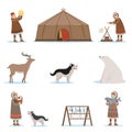 Eskimo characters in traditional clothing, arctic animals, igloo house. Life in the far north. Set of colorful cartoon Royalty Free Stock Photo