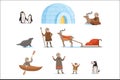 Eskimo characters in traditional clothing and their arctic animals. Life in the far north. Set of colorful cartoon Royalty Free Stock Photo