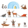 Eskimo characters in traditional clothing and their arctic animals. Life in the far north. Set of colorful cartoon Royalty Free Stock Photo