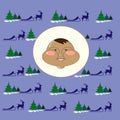 Eskimo Chukchi in northern vector background reindeer, sleigh, fir-tree
