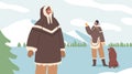 Eskimo Couple Bundled In Warm Fur Attire, Stands With Their Loyal Dog, Woman Waving Enthusiastically Vector Illustration