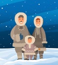 Eskimo family in arctic, north pole. Smiling parents with son standing together on snowy landscape