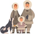 Eskimo family standing with fluffy sledge dog. Smiling characters with arctic pet, domestic animal