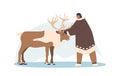 Eskimo Female Character Gently Caresses A Deer, Forming A Harmonious Connection With Nature, Vector Illustration