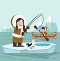 Arctic eskimo fishing on ice floe cartoon