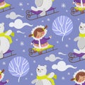 ESKIMO GIRL BEAR Winter Seamless Pattern Vector Illustration