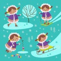 ESKIMO GIRL Flat Design Winter Child Vector Illustration Set