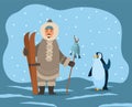 Eskimo with Hunted Fish and Polar Penguin Animal