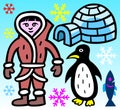 Eskimo, igloo, penguin, fish and snowflakes - illustration.