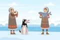 Eskimo Indigenous Family with Kid and Husky Dog Catching Fish Vector Illustration Royalty Free Stock Photo