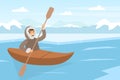 Eskimo Indigenous Man Sailing Boat with Oar Vector Illustration Royalty Free Stock Photo