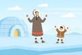 Eskimo Indigenous Woman with Kid Near Icy Igloo Vector Illustration