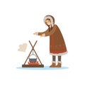 Eskimo, Inuit, Chukchi woman character in traditional costume cooking food in the pot over a bonfire, northern people